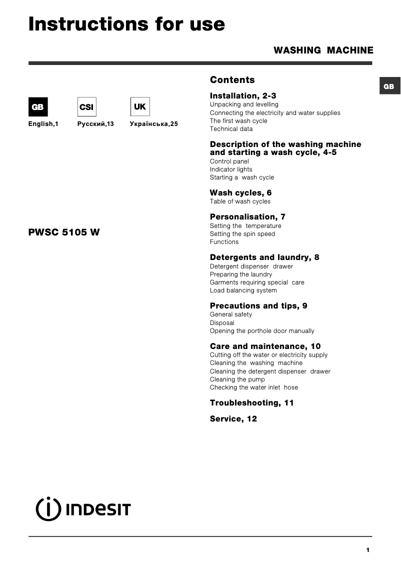 Page 1 de la notice Manuel utilisateur Indesit PWSC 5105 W