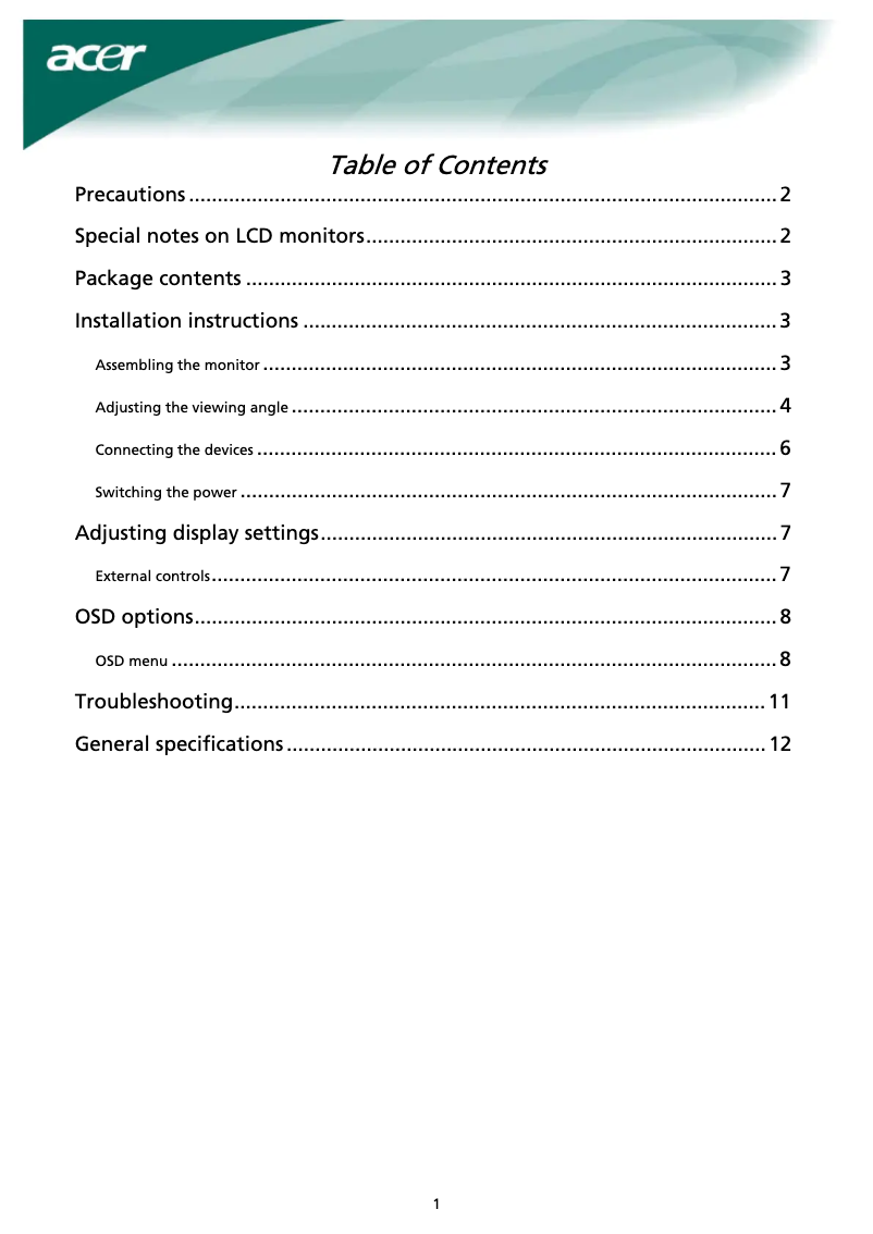 Page n°1 - Manuel utilisateur Acer AL2023c