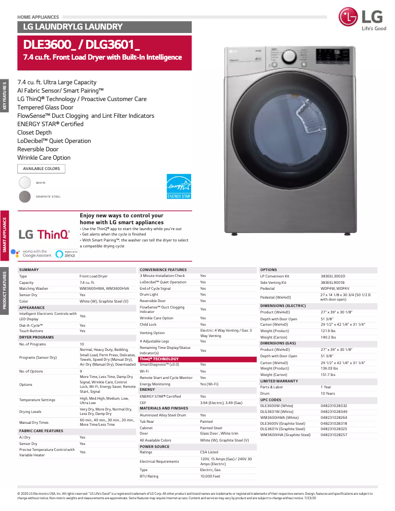 Page 1 de la notice Fiche technique LG D3601V