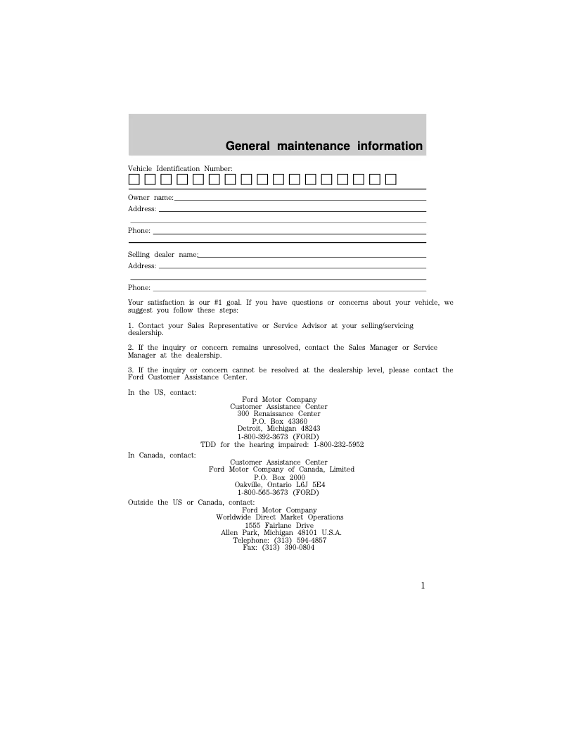 Page 1 of the manual Use and Maintenance Manual Ford E-350 (1998)