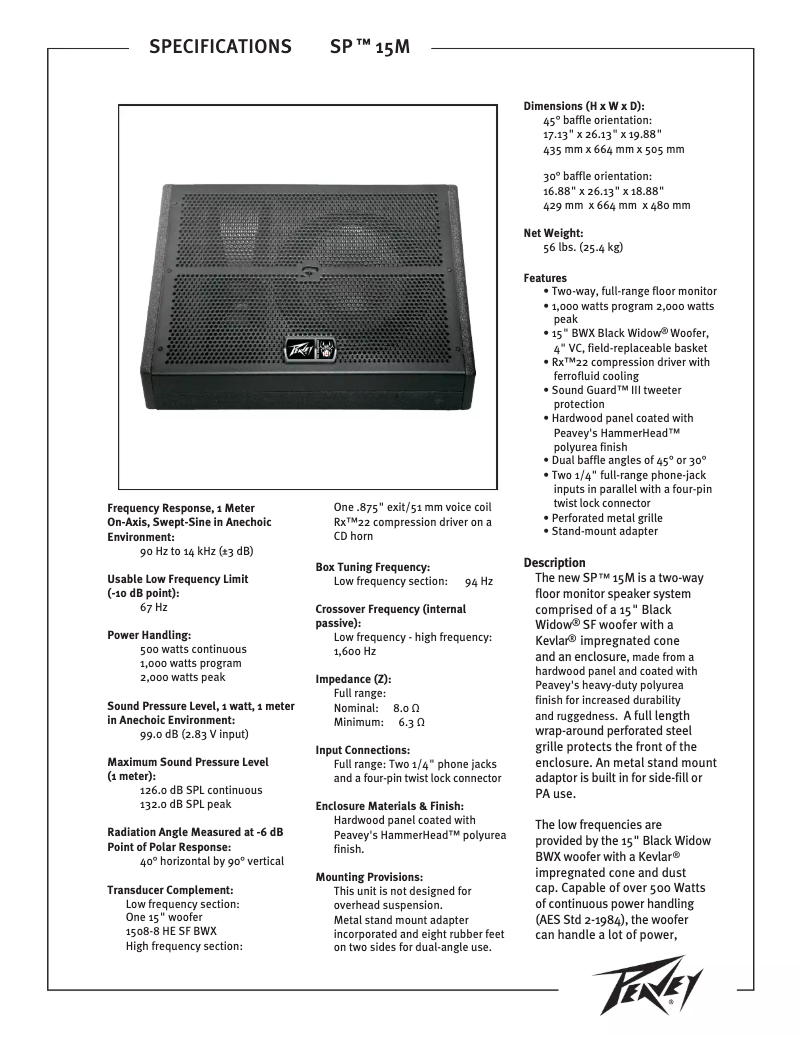 Page 1 de la notice Manuel utilisateur Peavey SP 15M