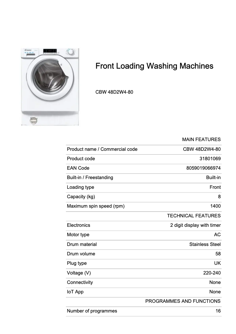 Page 1 de la notice Fiche technique Candy CBW 48D2W4-80