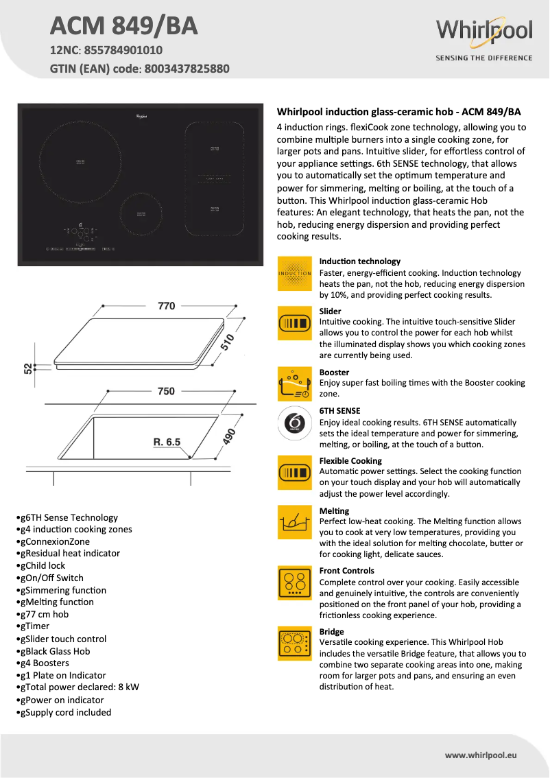 Page 1 de la notice Fiche technique Whirlpool ACM 849/BA