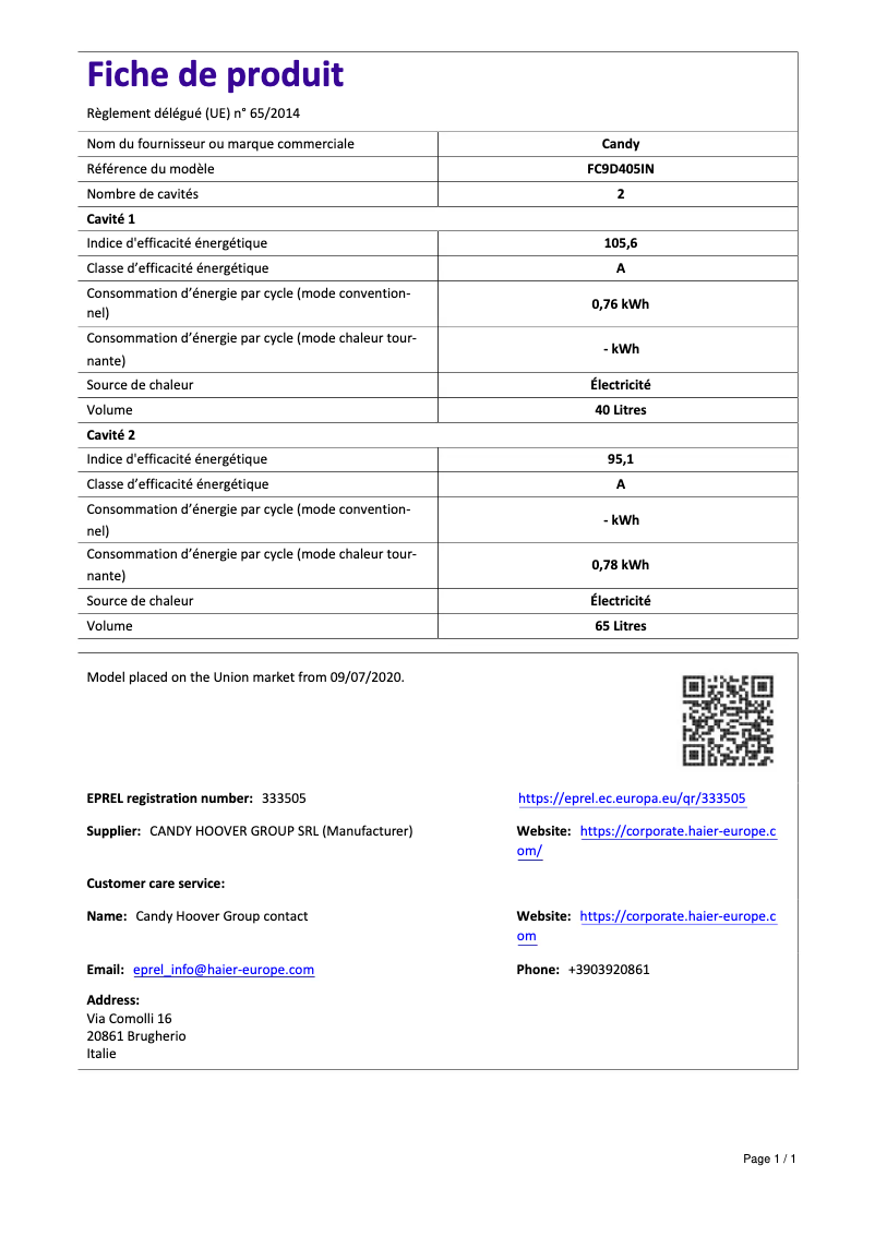 Page 1 de la notice Manuel utilisateur Candy FC9D405IN