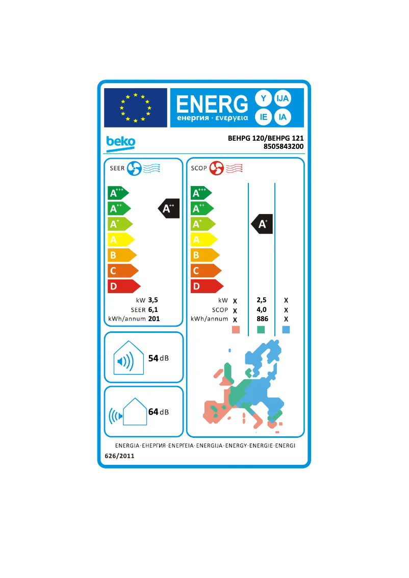 Page 1 de la notice Label énergétique Beko BEHPG 120/ BEHPG 121