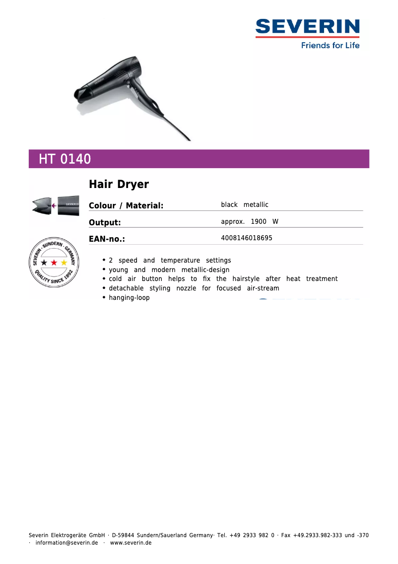 Page 1 de la notice Fiche technique Severin HT 0140