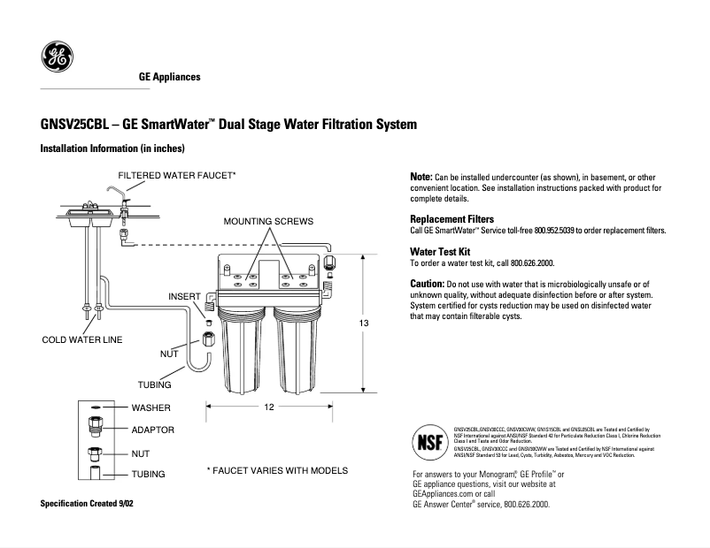 Page 1 de la notice Fiche technique GE GNSV25CBL