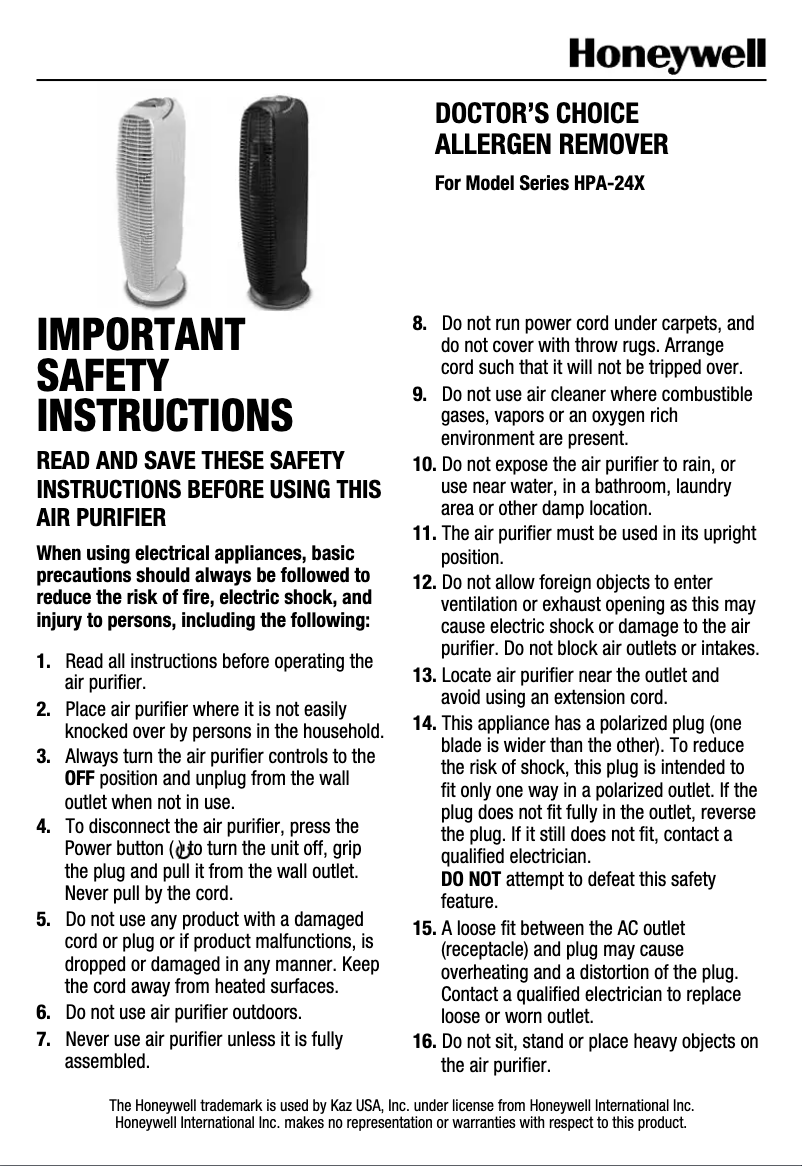 Page 1 de la notice Manuel utilisateur Honeywell HPA-245