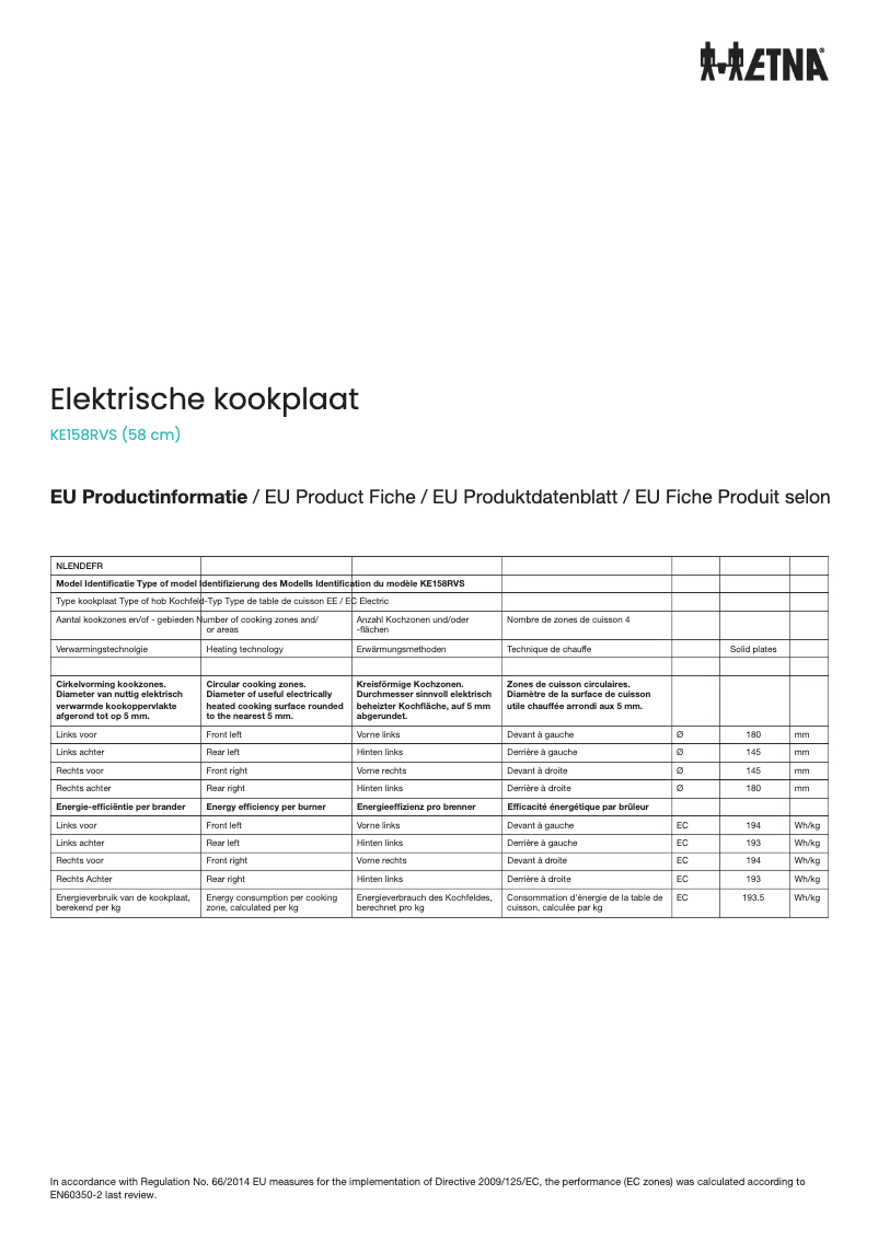 Page n°1 - Fiche technique Etna KE158RVS