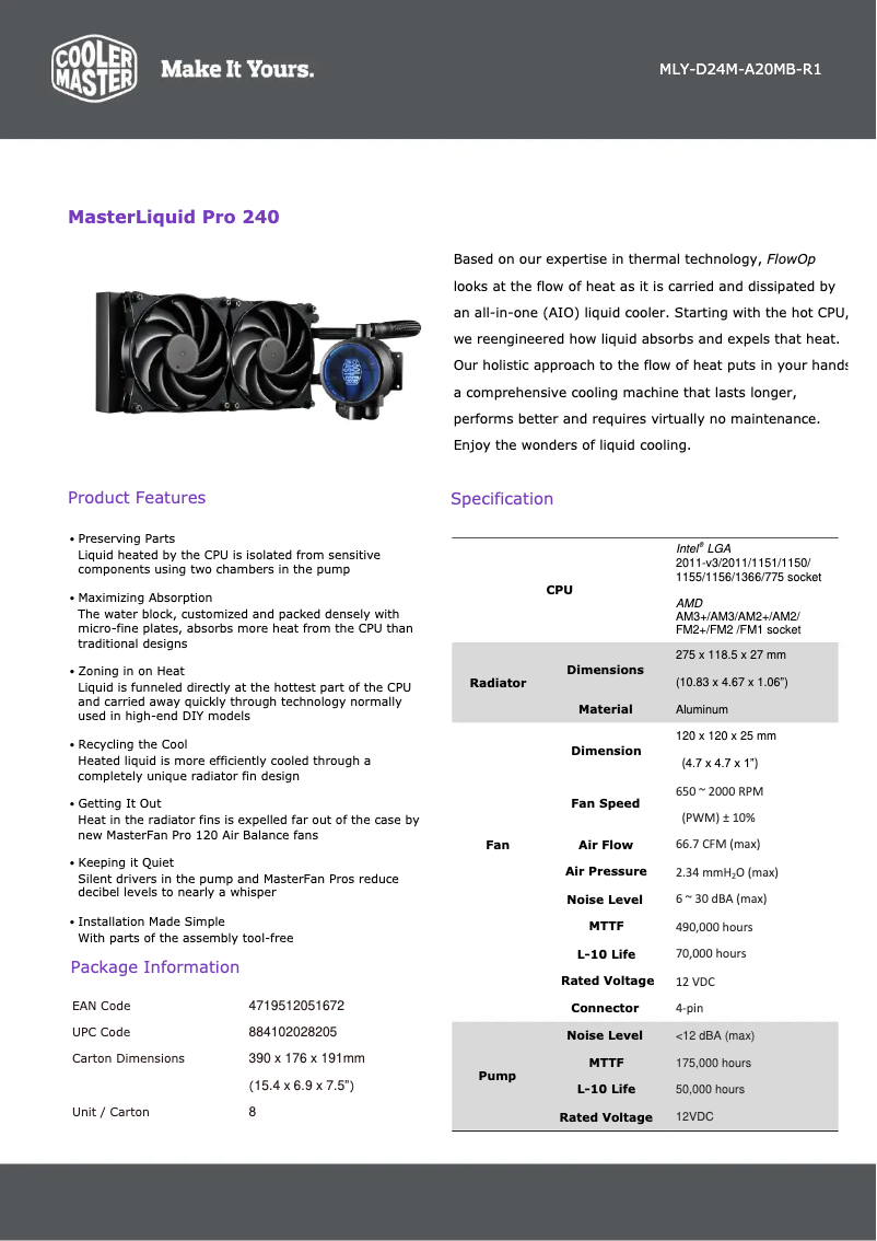 Page n°1 - Fiche technique Cooler Master MasterLiquid Pro 240