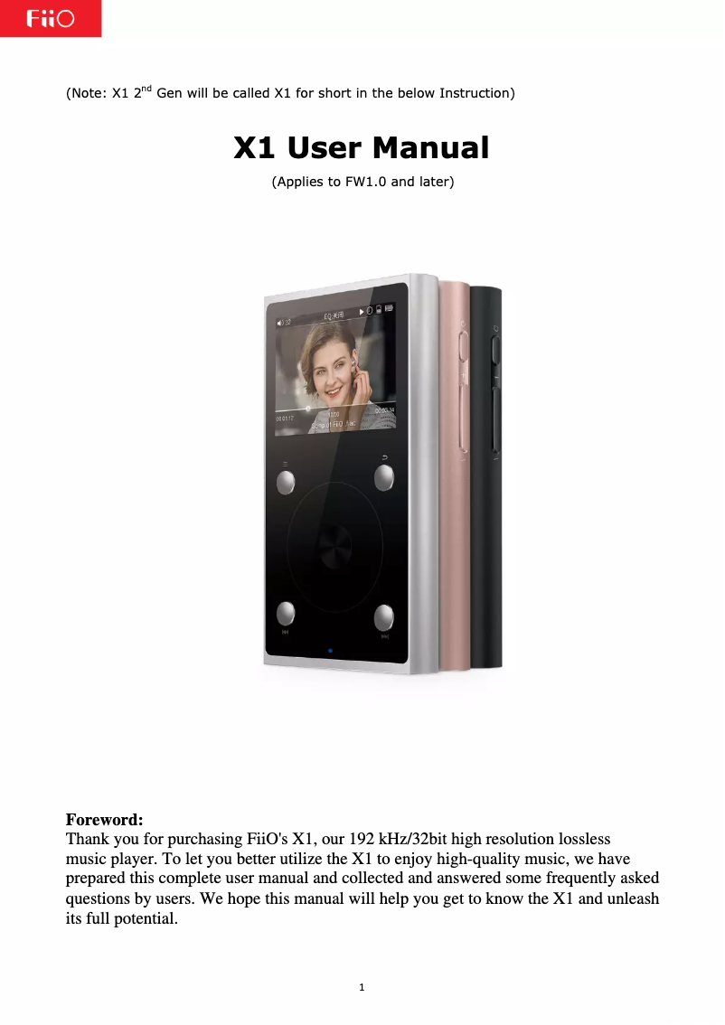 Page n°1 - Manuel utilisateur FiiO X1