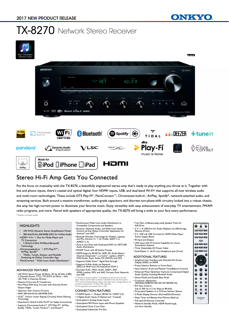 Page 1 de la notice Fiche technique Onkyo TX-8270