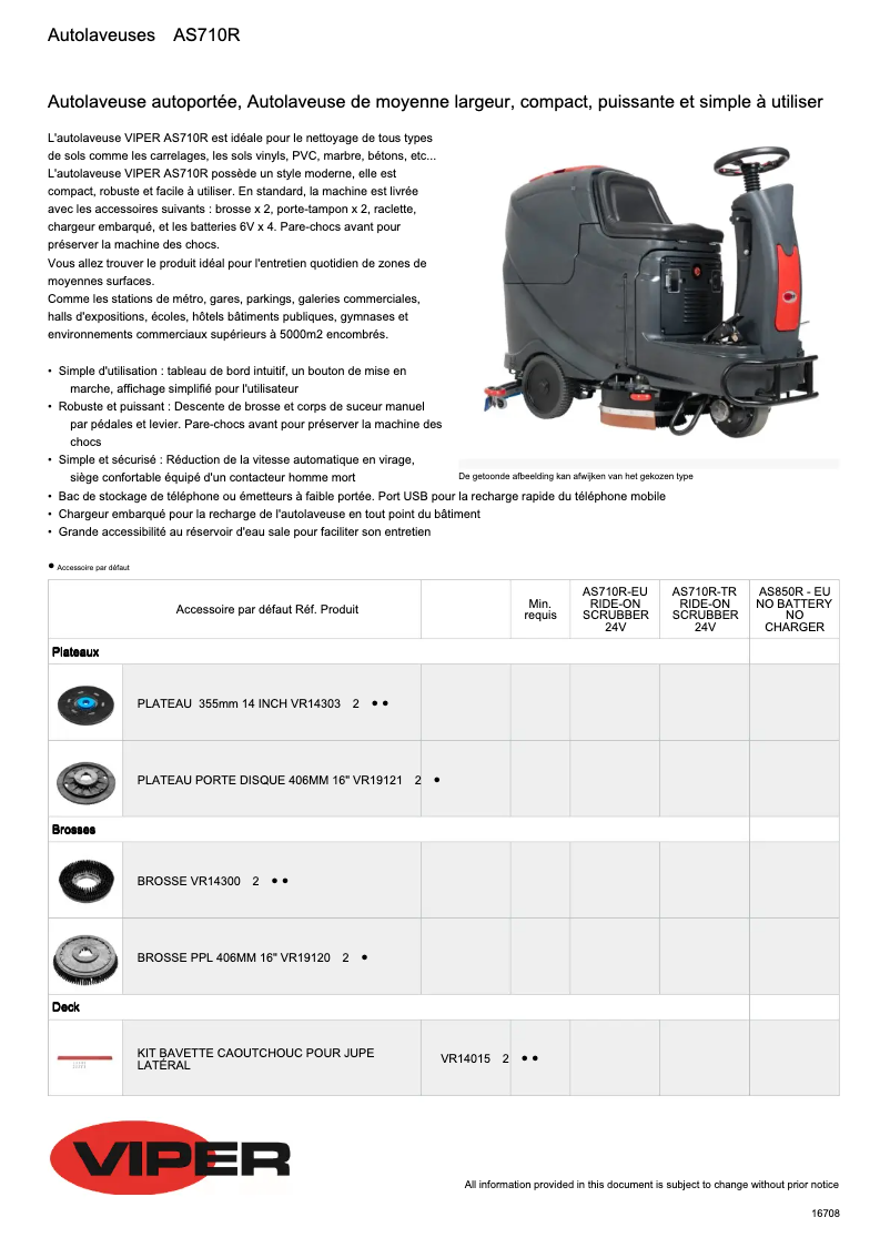Page 1 de la notice Fiche technique Nilfisk Viper AS710