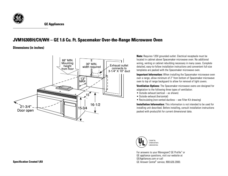 Página 1 del manual Ficha técnica GE JVM1630CH
