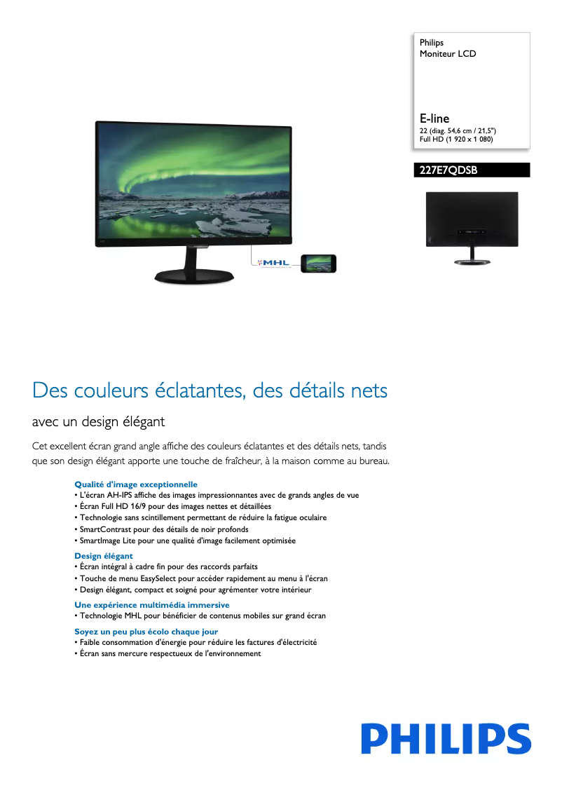 Page n°1 - Fiche technique Philips 227E7QDSB