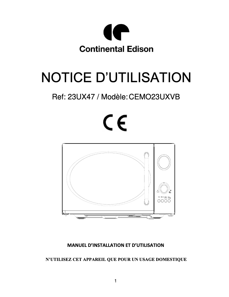 Page 1 de la notice Manuel utilisateur Continental Edison CEMO23UXVB