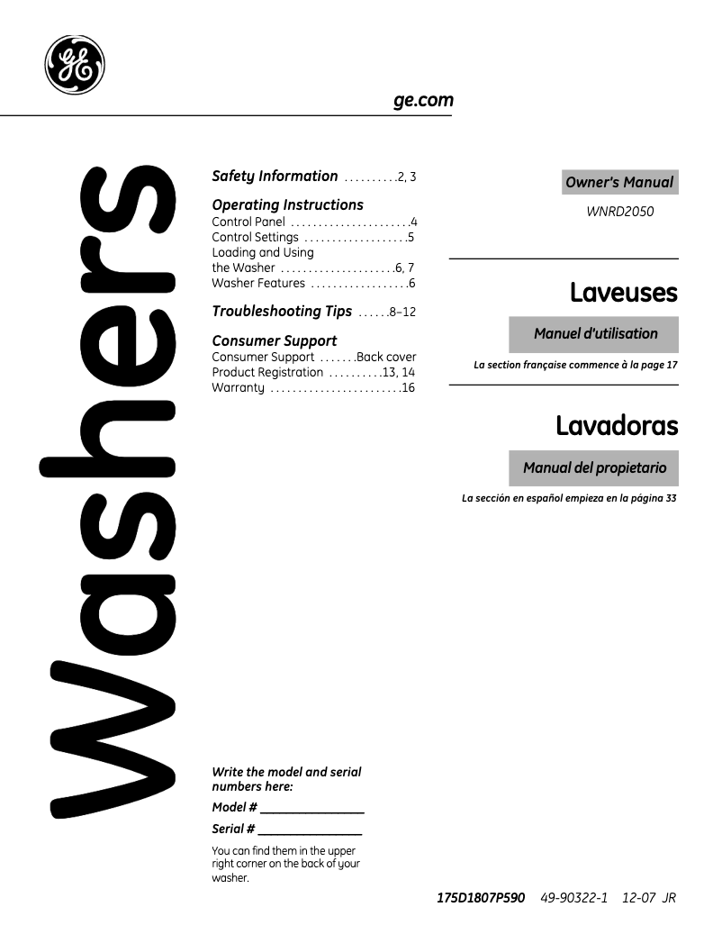 Image de la première page du manuel de l'appareil WNRD2050DWC