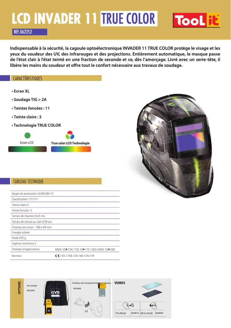 Page 1 de la notice Fiche technique GYS LCD Invader 11