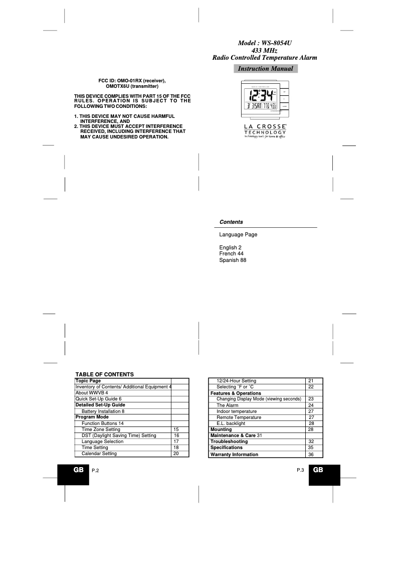 Page n°1 - Manuel utilisateur La Crosse Technology WS-8054U