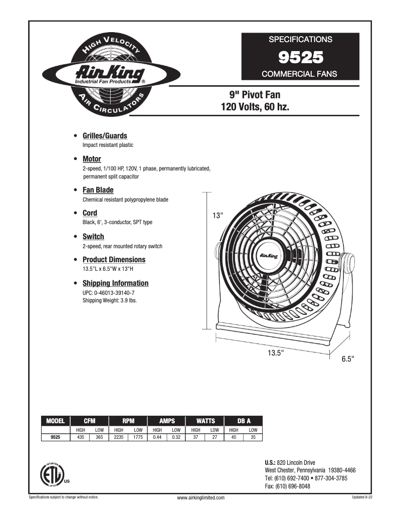 Page 1 de la notice Fiche technique Air King 9525