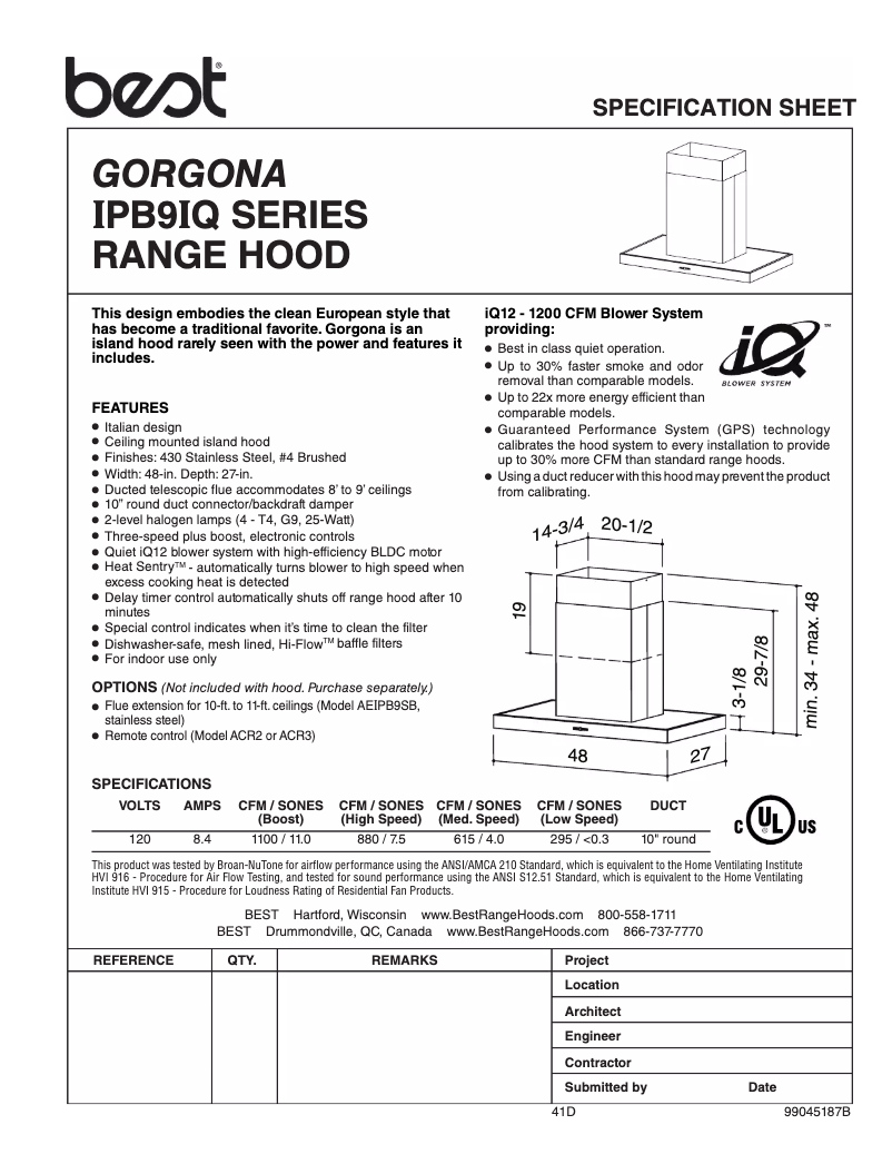 Page 1 de la notice Fiche technique Best Gorgona IPB9IQT48SB