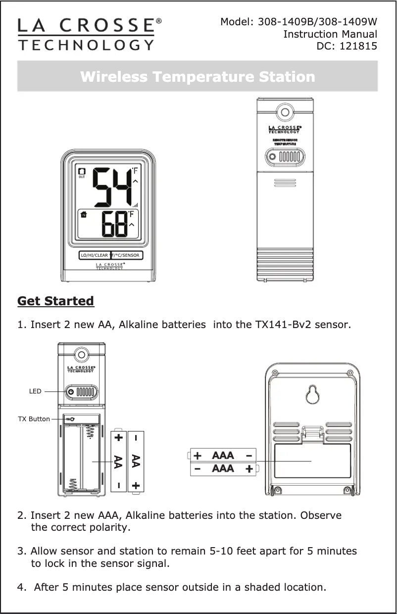 Page n°1 - Manuel utilisateur La Crosse Technology 308-1409B