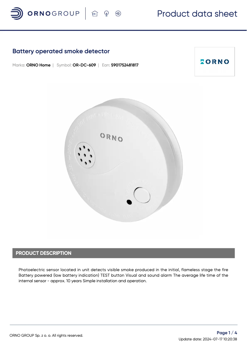 Page 1 de la notice Fiche technique ORNO OR-DC-609