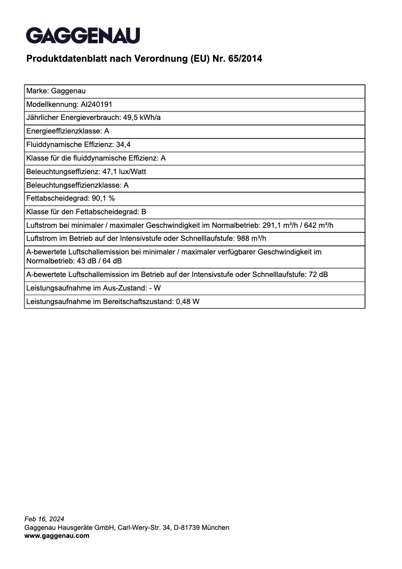 Page 1 de la notice Fiche technique Gaggenau AI240191
