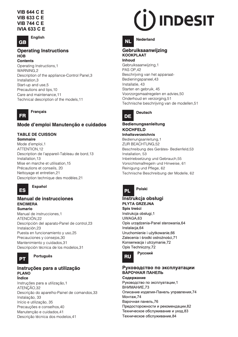 Page 1 de la notice Manuel utilisateur Indesit VIB 744 C E