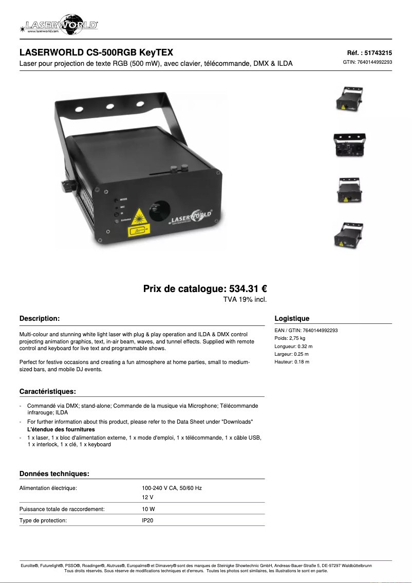 Page 1 de la notice Fiche technique Laserworld CS-500RGB KeyTEX