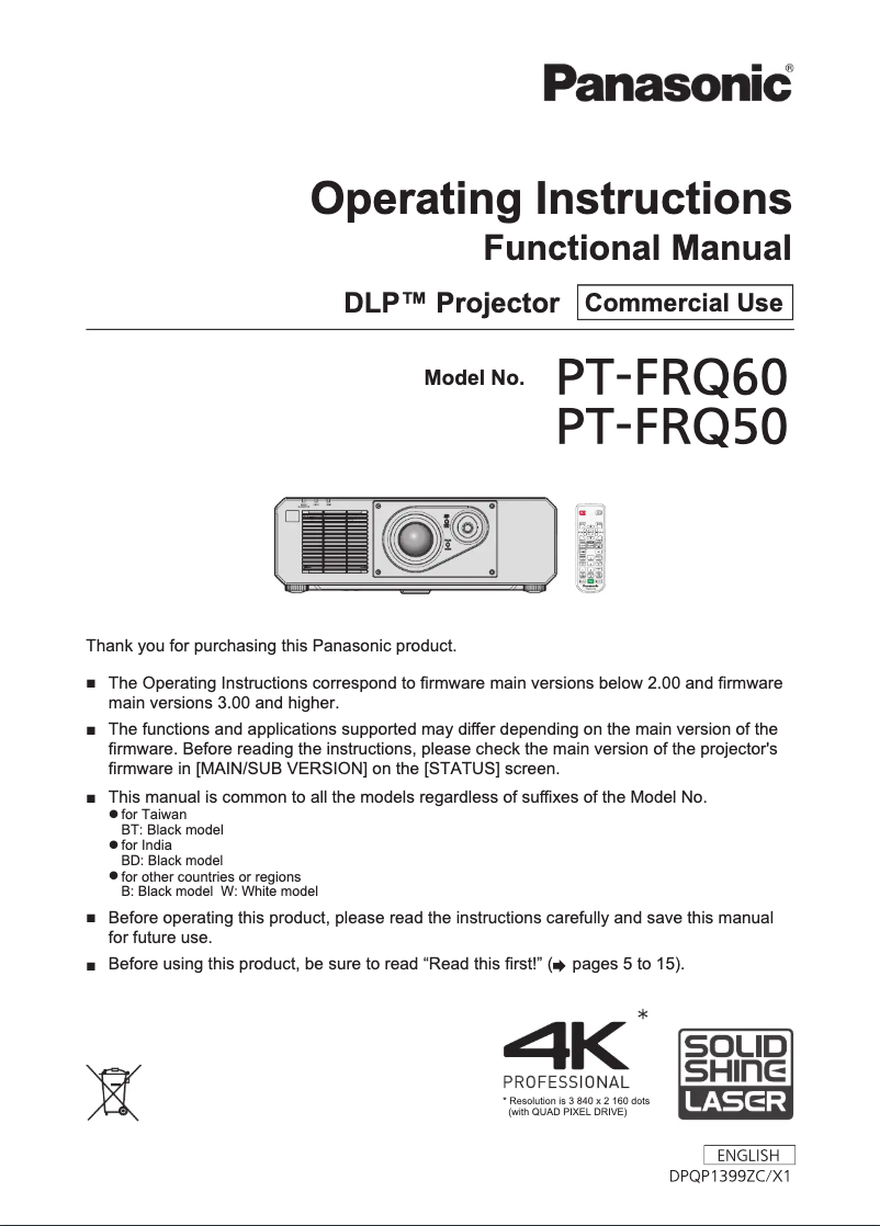 Page 1 de la notice Manuel utilisateur Panasonic PT-FRQ50