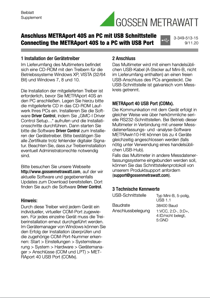 Page 1 de la notice Fiche technique Gossen Metrawatt METRAport 40S