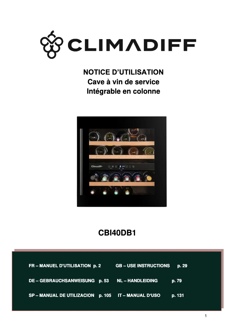 Page 1 de la notice Manuel utilisateur Climadiff CBI40DB1