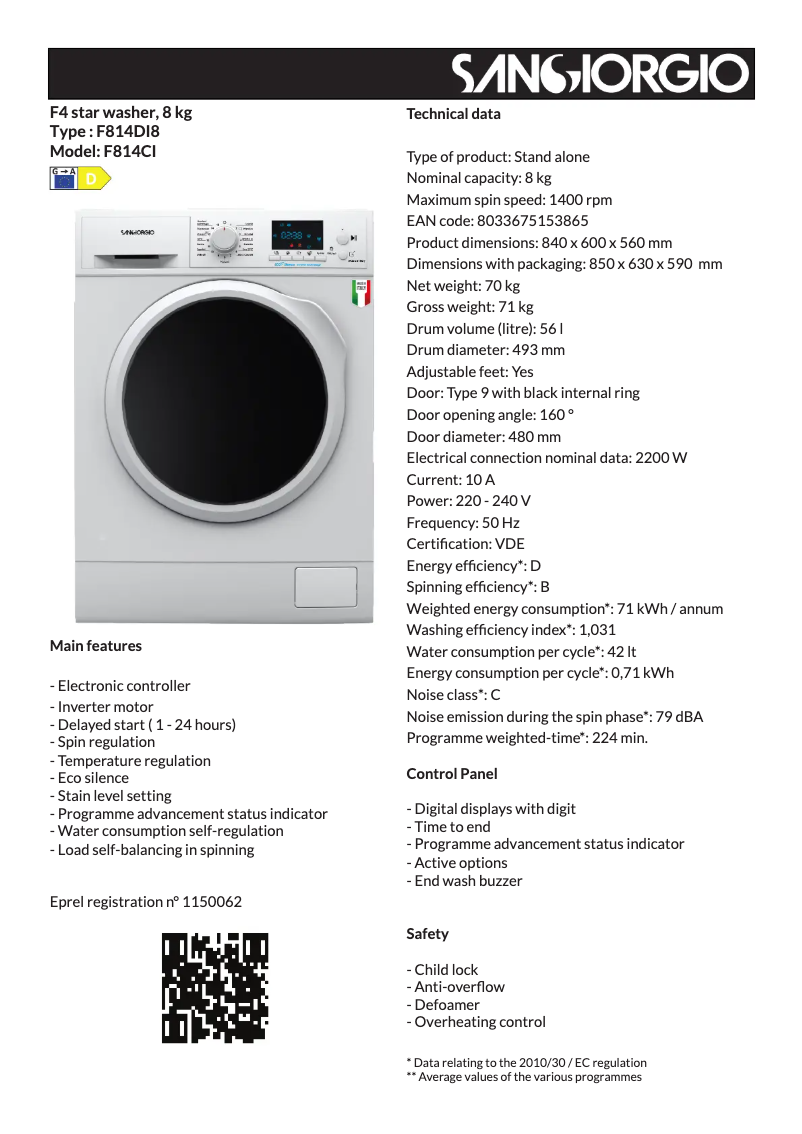 Page 1 de la notice Fiche technique SanGiorgio F714DI8