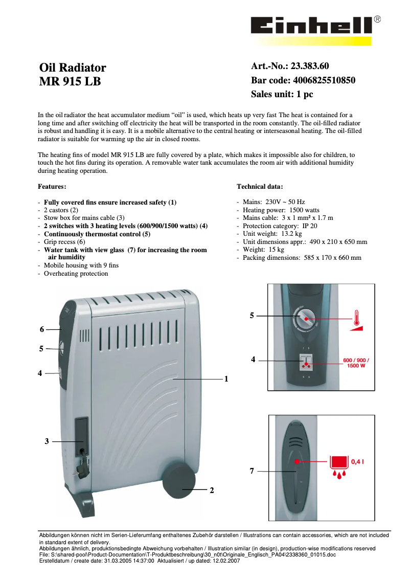 Page n°1 - Manuel utilisateur Einhell MR 915 LB