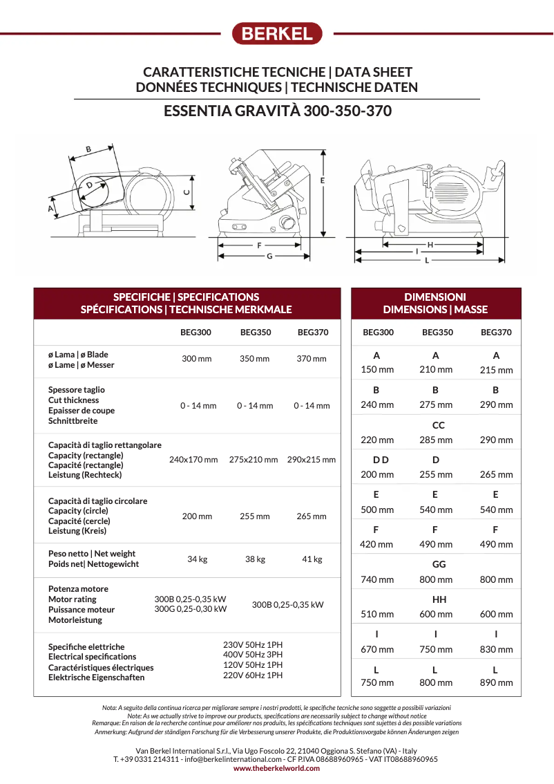Page 1 de la notice Fiche technique Berkel Essentia Gravitá BEG350