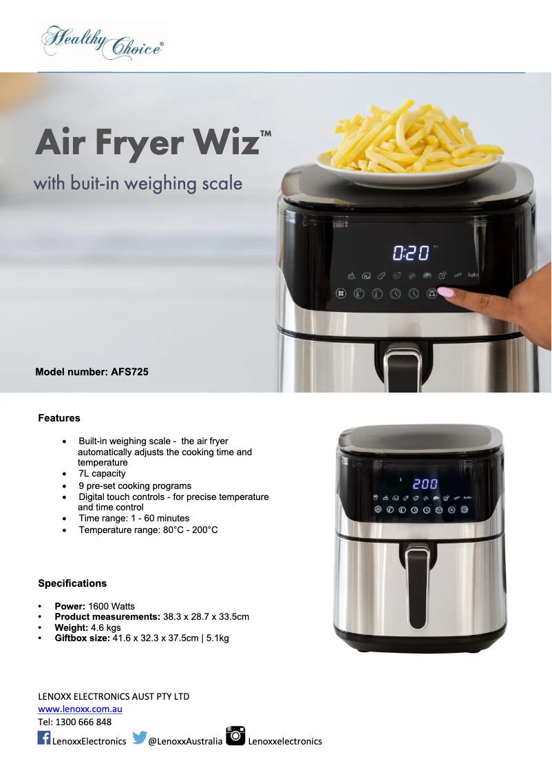 Página 1 del manual Ficha técnica Lenoxx Healthy Choice AFS725