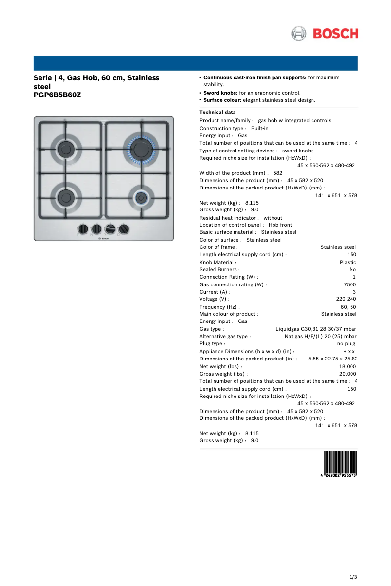 Page 1 of the manual Technical Sheet Bosch PGP6B5B60Z