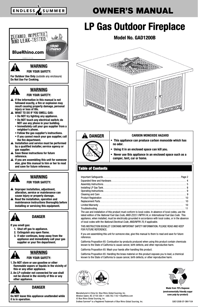 Page 1 de la notice Manuel utilisateur Blue Rhino GAD1200B