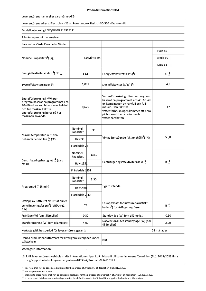 Page n°1 - Fiche technique AEG 6000 ProSense Autodose L6FQE840G