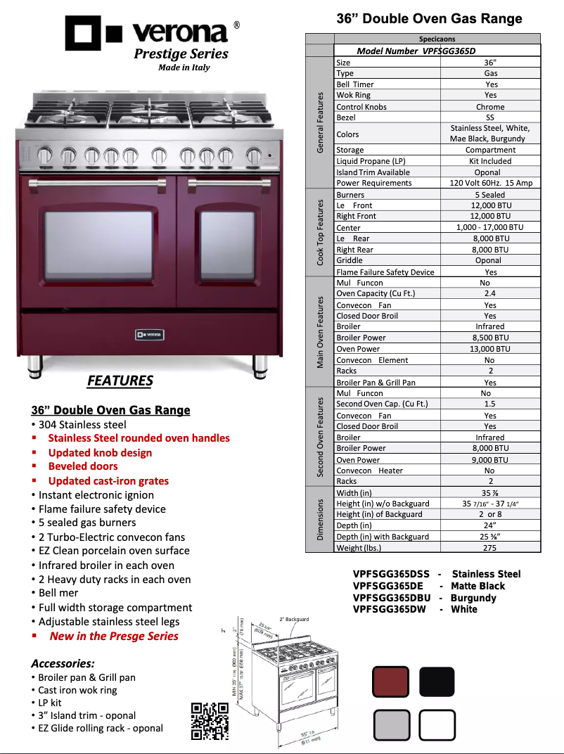 Page 1 de la notice Fiche technique Verona VPFSGG365DW