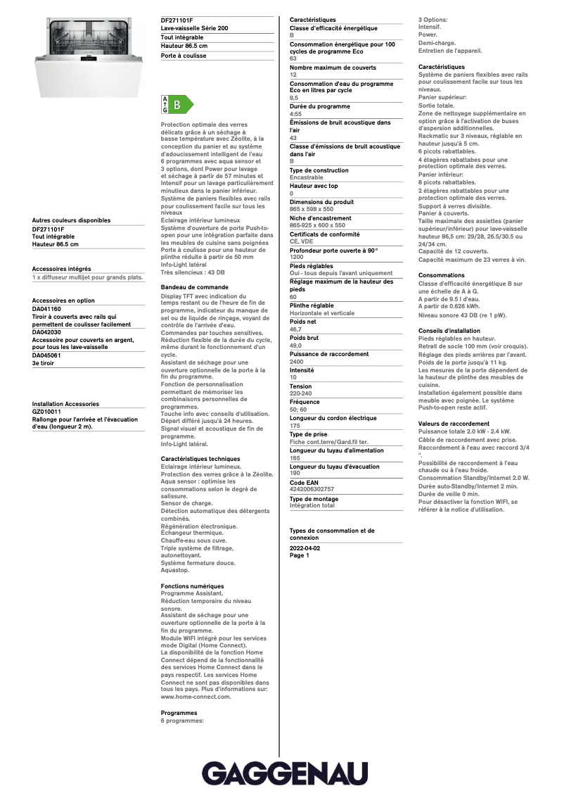 Page 1 de la notice Fiche technique Gaggenau DF271101F