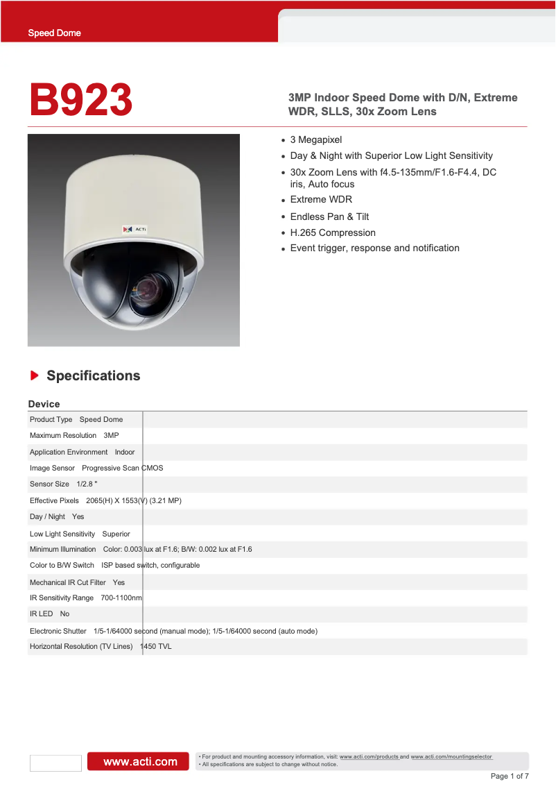 Page 1 de la notice Fiche technique ACTi B923