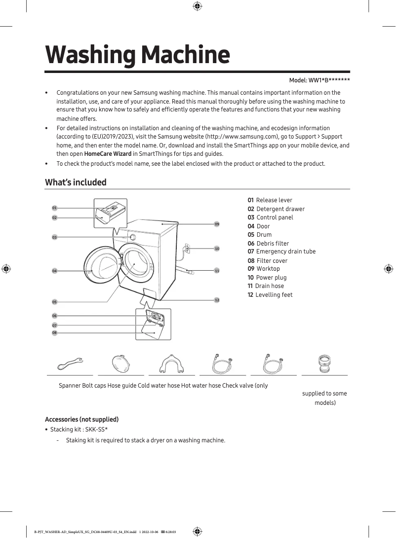 Page 1 de la notice Guide de démarrage rapide Samsung WW11BB744CGB