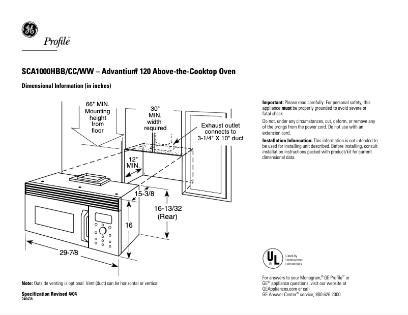 Page 1 de la notice Fiche technique GE SCA1000HCC