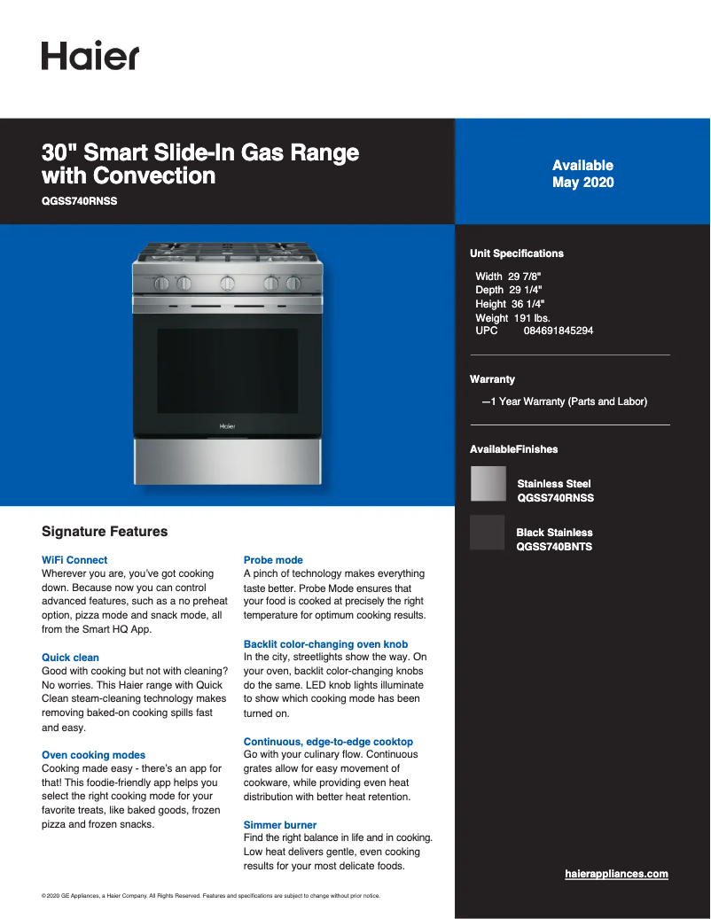 Page 1 de la notice Fiche technique Haier QGSS740