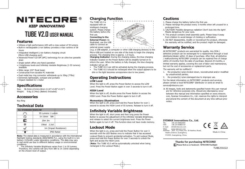Page 1 de la notice Manuel utilisateur Nitecore TUBE V2.0