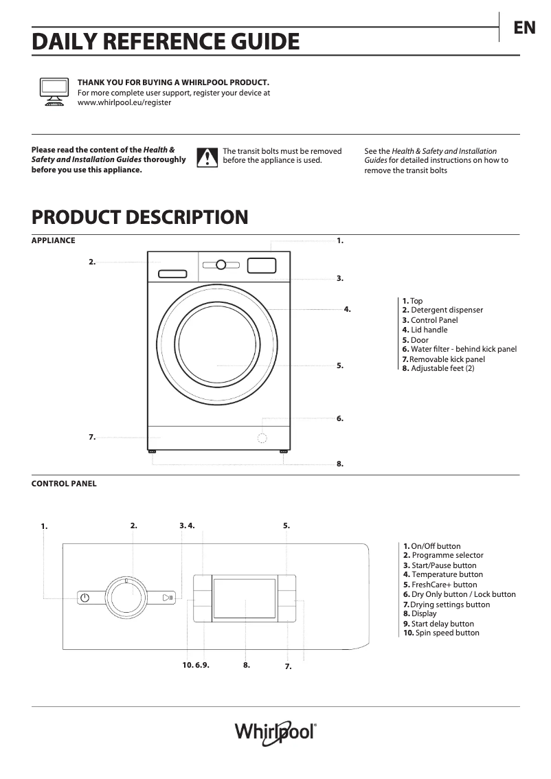 Página 1 del manual Manual de instrucciones Whirlpool FWDG 971682 WBV EE N