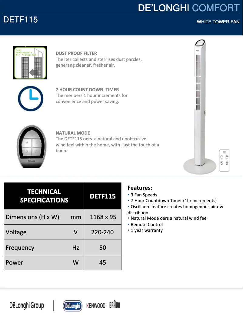 Page 1 de la notice Fiche technique DeLonghi DETF115