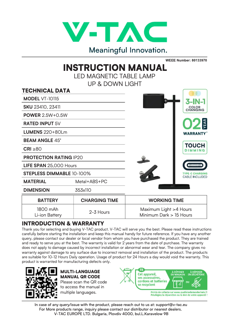 Page 1 de la notice Manuel utilisateur V-TAC VT-10115